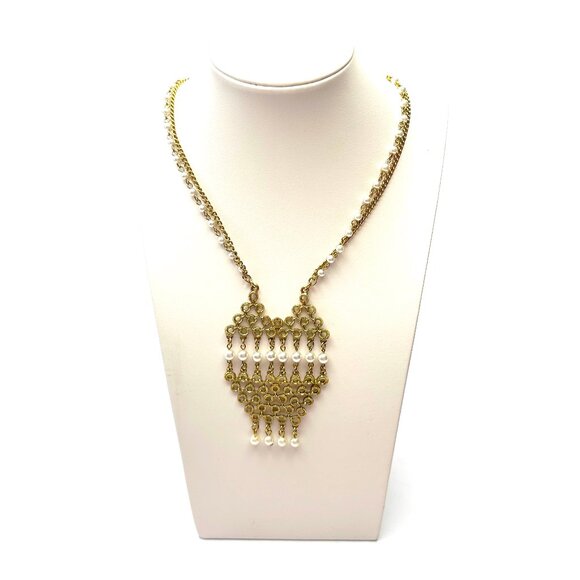 '60s NECKLACE STACK: Gold Geometric Pendant w/Pearls & Vendome Mesh Bib Pairing - Picture 6 of 16